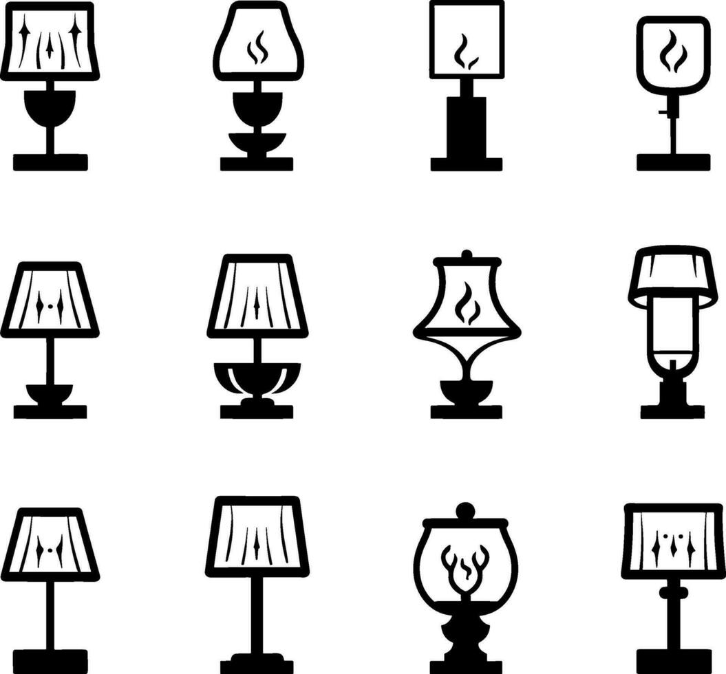 verdieping en tafel lampen vector illustratie reeks van zwart silhouetten wit achtergrond. ai gegenereerd illustratie.