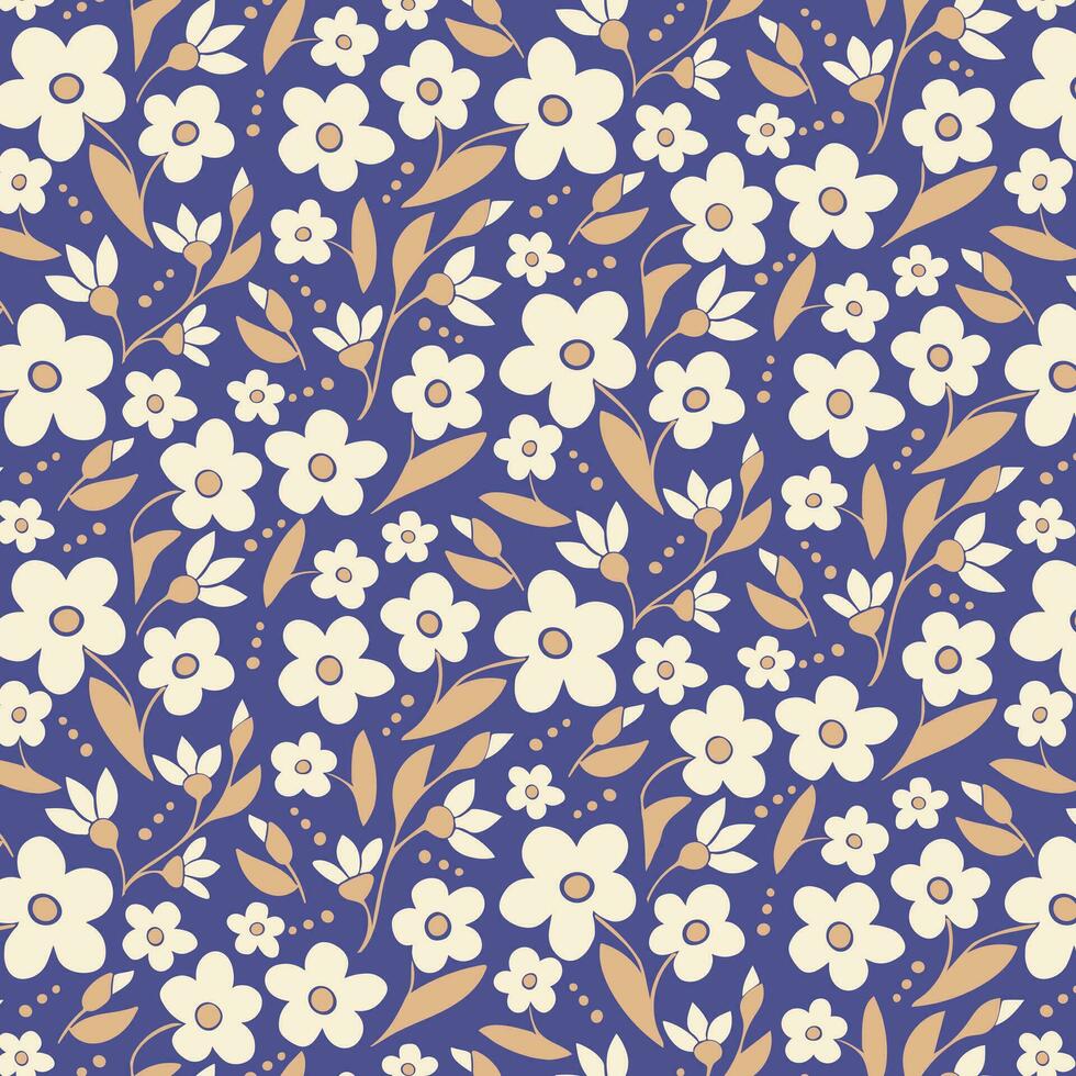 bloemen abstract patroon Aan blauw achtergrond in wijnoogst kleuren. vlak hand- getrokken besnoeiing uit bloemen, bladeren. uniek retro afdrukken ontwerp voor textiel, behang, interieur, omhulsel papier vector