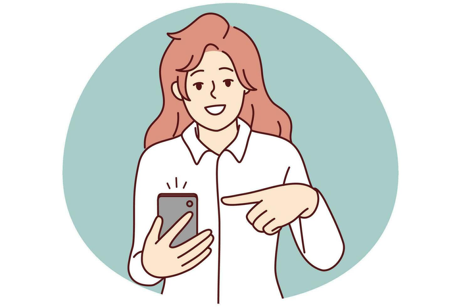 glimlachen vrouw punt Bij kennisgeving Aan mobiele telefoon scherm. gelukkig vrouw adviseren mooi zo uitverkoop transactie of aanbod Aan mobiel telefoon. vector illustratie.