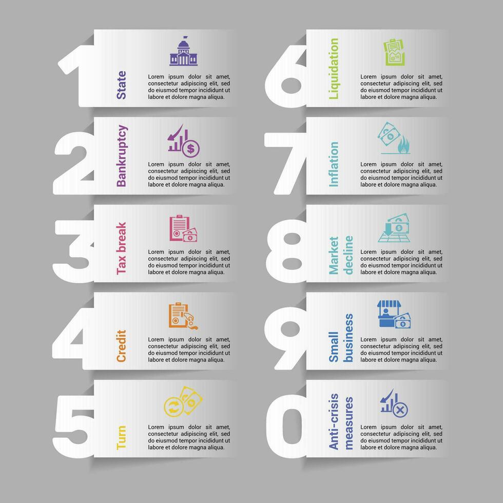infographics met crisis thema pictogrammen, 10 stappen. zo net zo staat, faillissement, belasting pauze, credit en meer. vector