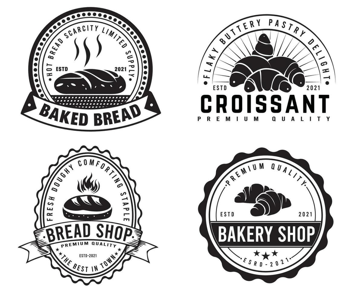 bakkerij winkel embleem set. zoet bakkerij insigne etiket en wijnoogst logo, vector