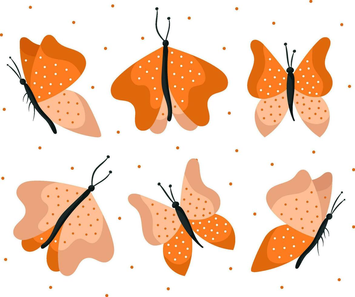 reeks van hand- trek vlinders Aan wit achtergrond in oranje kleuren met polka stippen.vector. vector