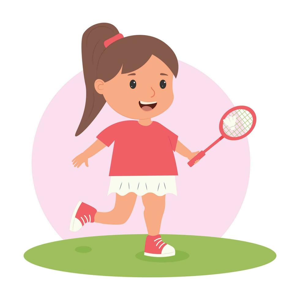 schattig weinig meisje spelen badminton. opleiding. zomer spellen. wedstrijd. vector illustratie