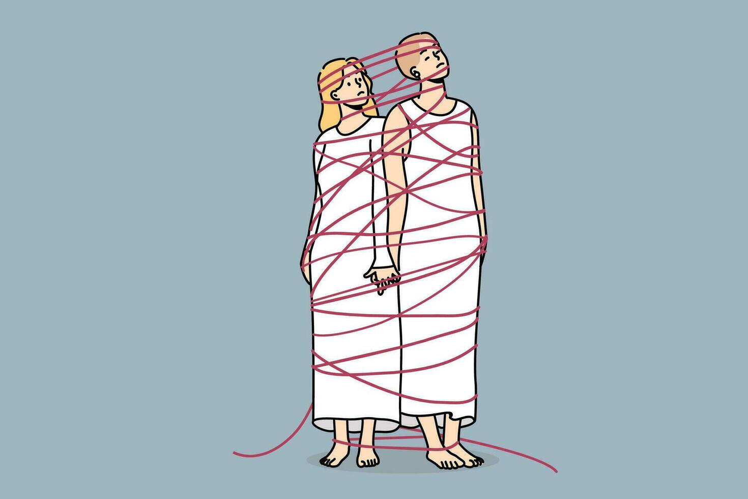 twee verdrietig Dames gebonden met touw houden handen demonstreren persoonlijk genegenheid en gedeeld problemen vector