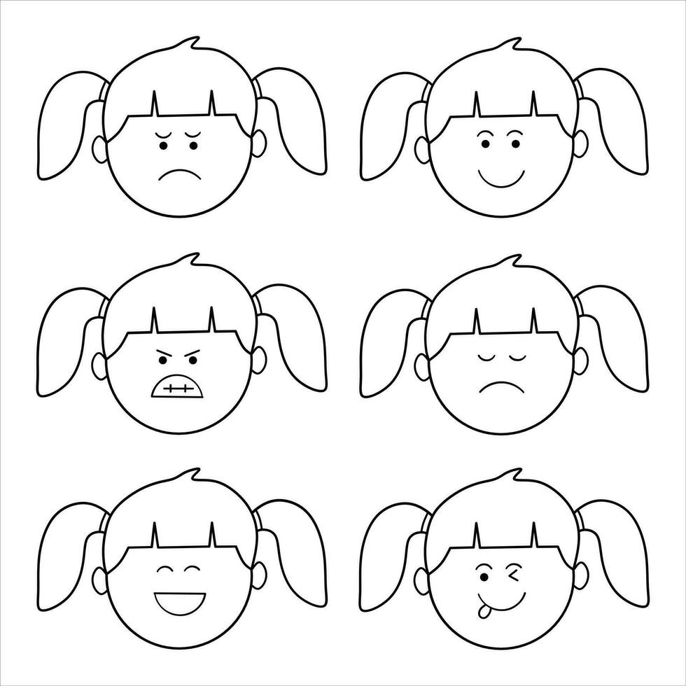 hand- getrokken kinderen tekening meisje gezichten met verschillend emoties vlak tekenfilm geïsoleerd reeks vector