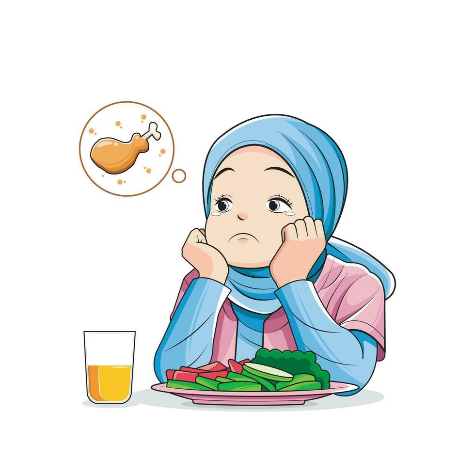 gezond voedsel. schattig weinig meisjes in hijab niet doen Leuk vinden groenten. vector illustratie