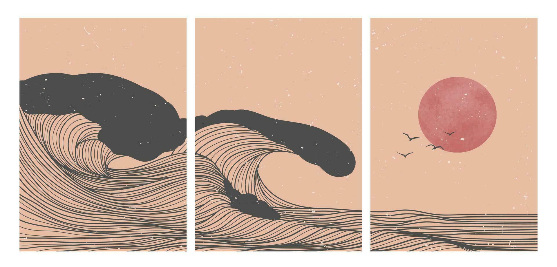 oceaan Golf landschap illustraties Aan set. creatief minimalistische modern lijn kunst afdrukken. abstract hedendaags esthetisch achtergronden landschappen. met oceaan, zee, horizon, golven en zonsondergang vector