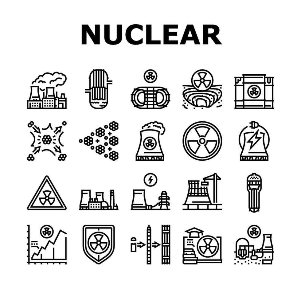 nucleair energie macht fabriek pictogrammen reeks vector