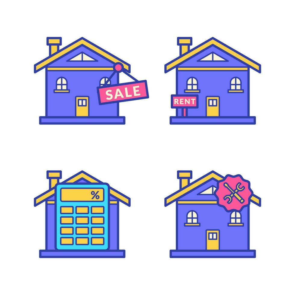 huis vector icoon, huis met uitverkoop teken, huis hypotheek rekenmachine, huis huur icoon, en huis reparatie icoon
