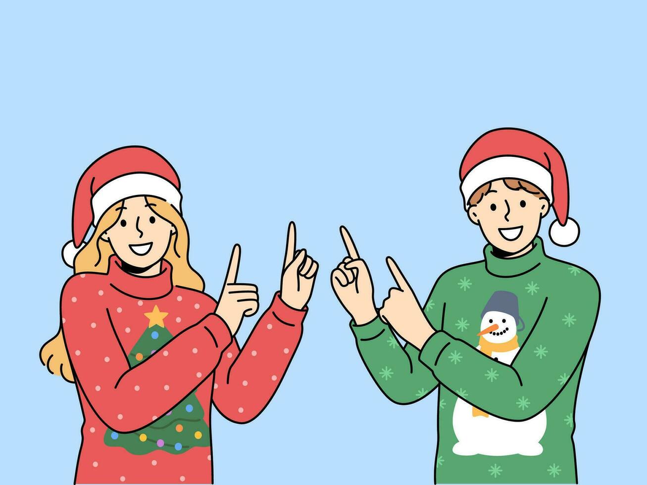 Mens en vrouw in Kerstmis truien punt vingers naar boven naar bezoek nieuw jaar uitverkoop. vector