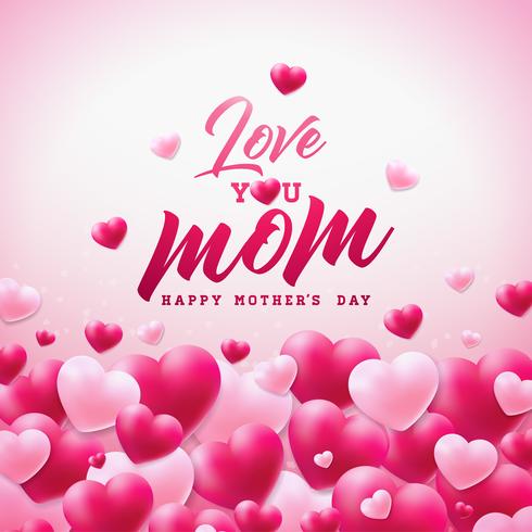 Happy Mothers Day Greeting card design met hart en Love You Mom typografische elementen op witte achtergrond. vector