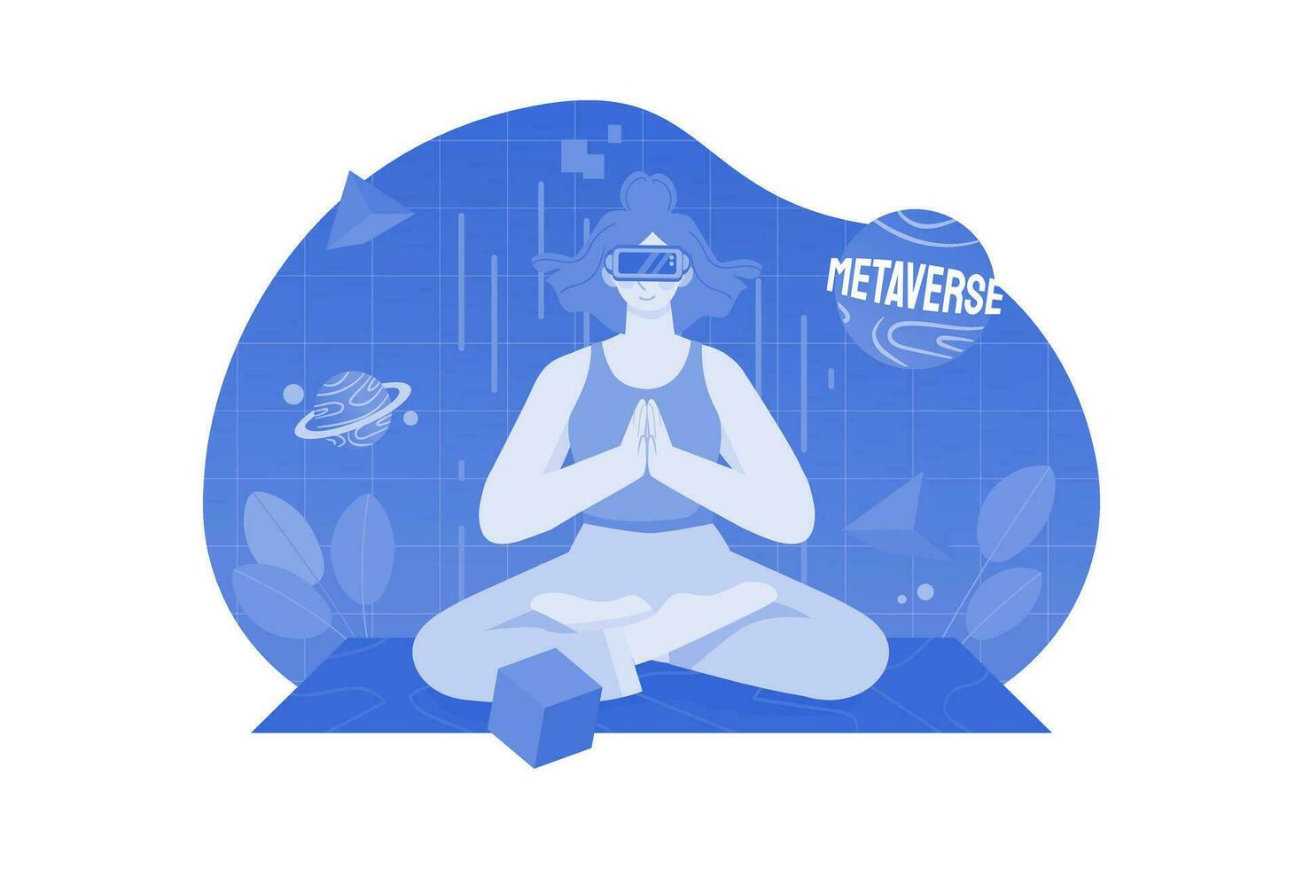 vrouw doet meditatie in de metaverse vector