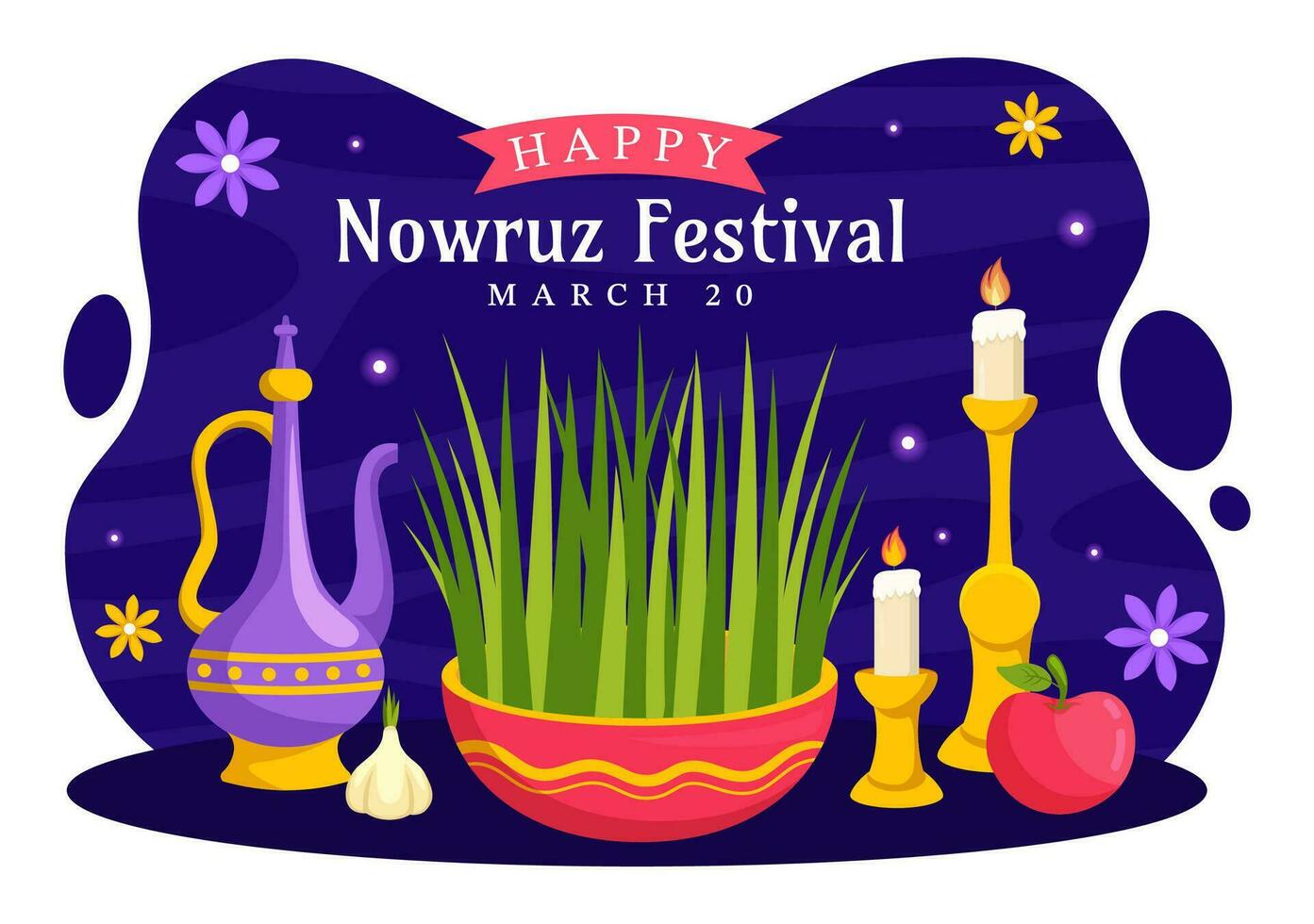 gelukkig Nowruz dag vector illustratie. vertaling Perzisch nieuw jaar, Aan 20 maart met glas, vis, ornamenten eieren en gras semeni in vlak achtergrond