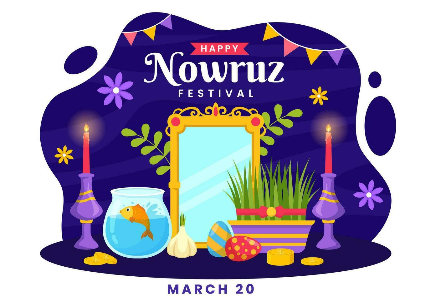 gelukkig Nowruz dag vector illustratie. vertaling Perzisch nieuw jaar, Aan 20 maart met glas, vis, ornamenten eieren en gras semeni in vlak achtergrond