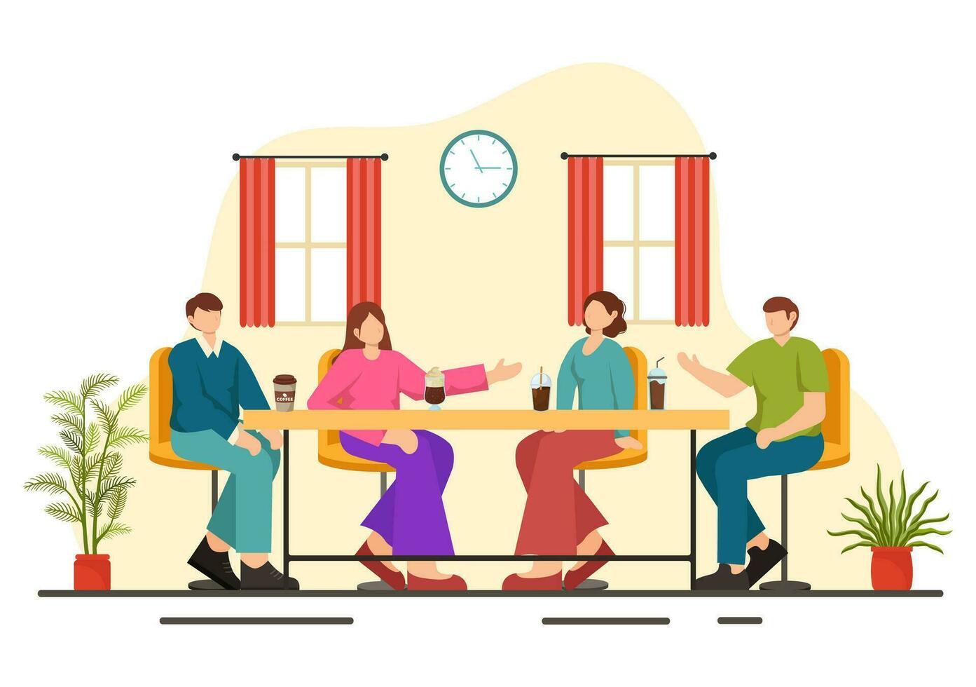 dubbele datum vector illustratie met twee paren wie waren aan het eten en drinken samen in een restaurant in vlak tekenfilm achtergrond ontwerp