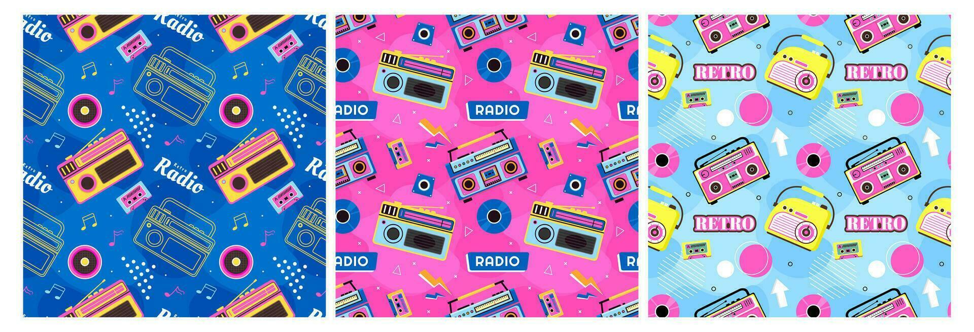 reeks van radio naadloos patroon illustratie ontwerp met speler voor Vermelding en luisteren naar muziek- in vlak tekenfilm sjabloon vector