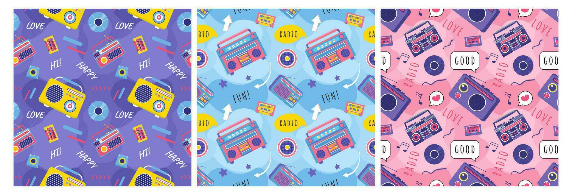 reeks van radio naadloos patroon illustratie ontwerp met speler voor Vermelding en luisteren naar muziek- in vlak tekenfilm sjabloon vector