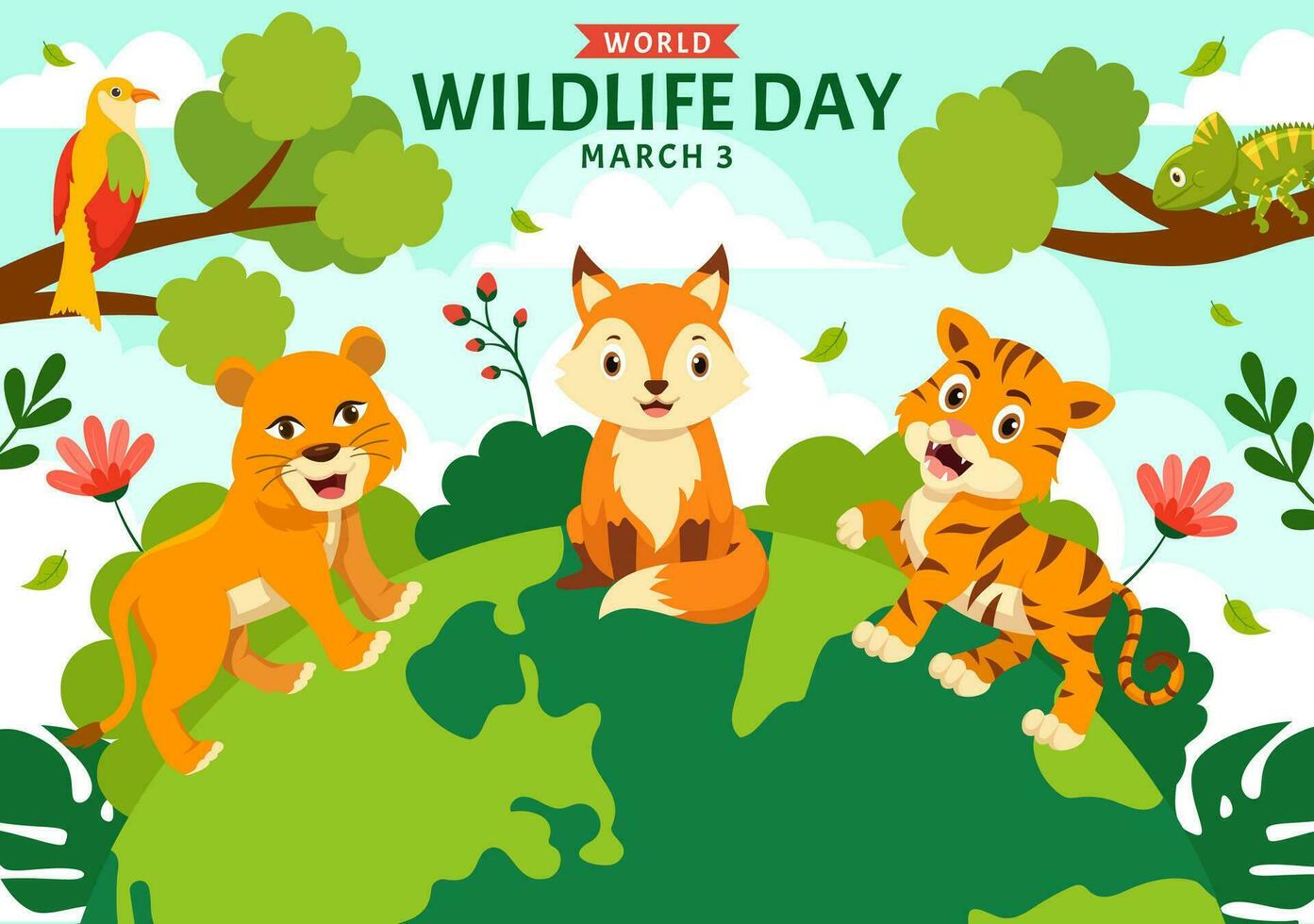 wereld dieren in het wild dag vector illustratie Aan maart 3 met divers een dieren naar bescherming dier en behouden hun leefgebied in Woud in vlak achtergrond