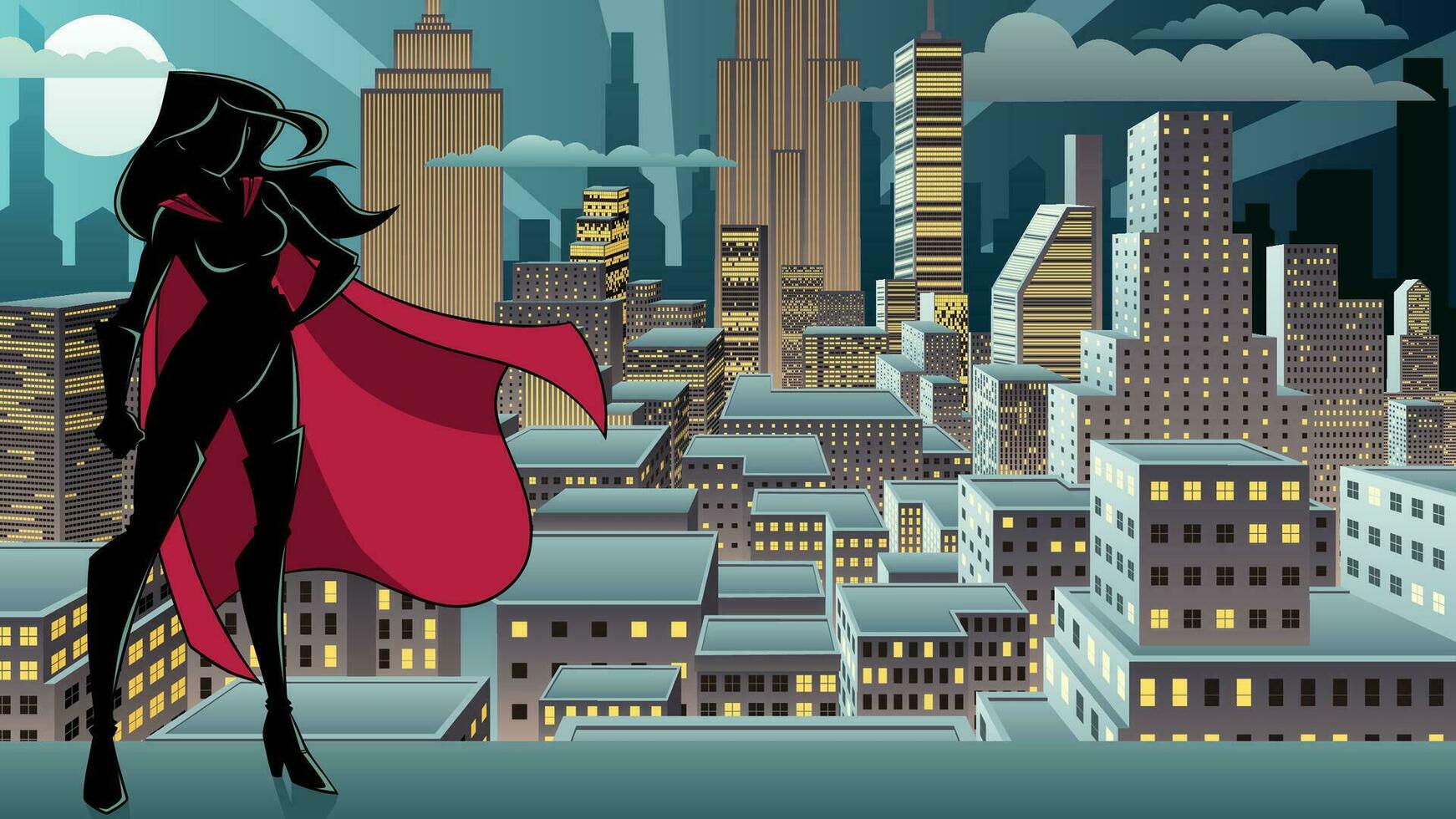 superheldin staand nacht stad silhouet vector