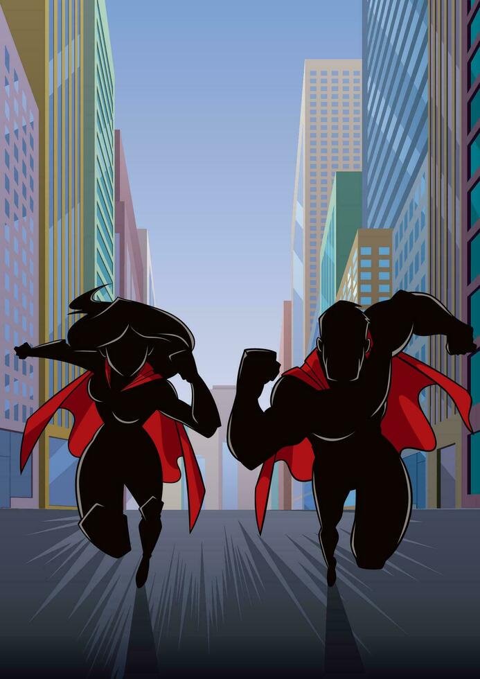 superheld paar rennen in stad silhouet vector