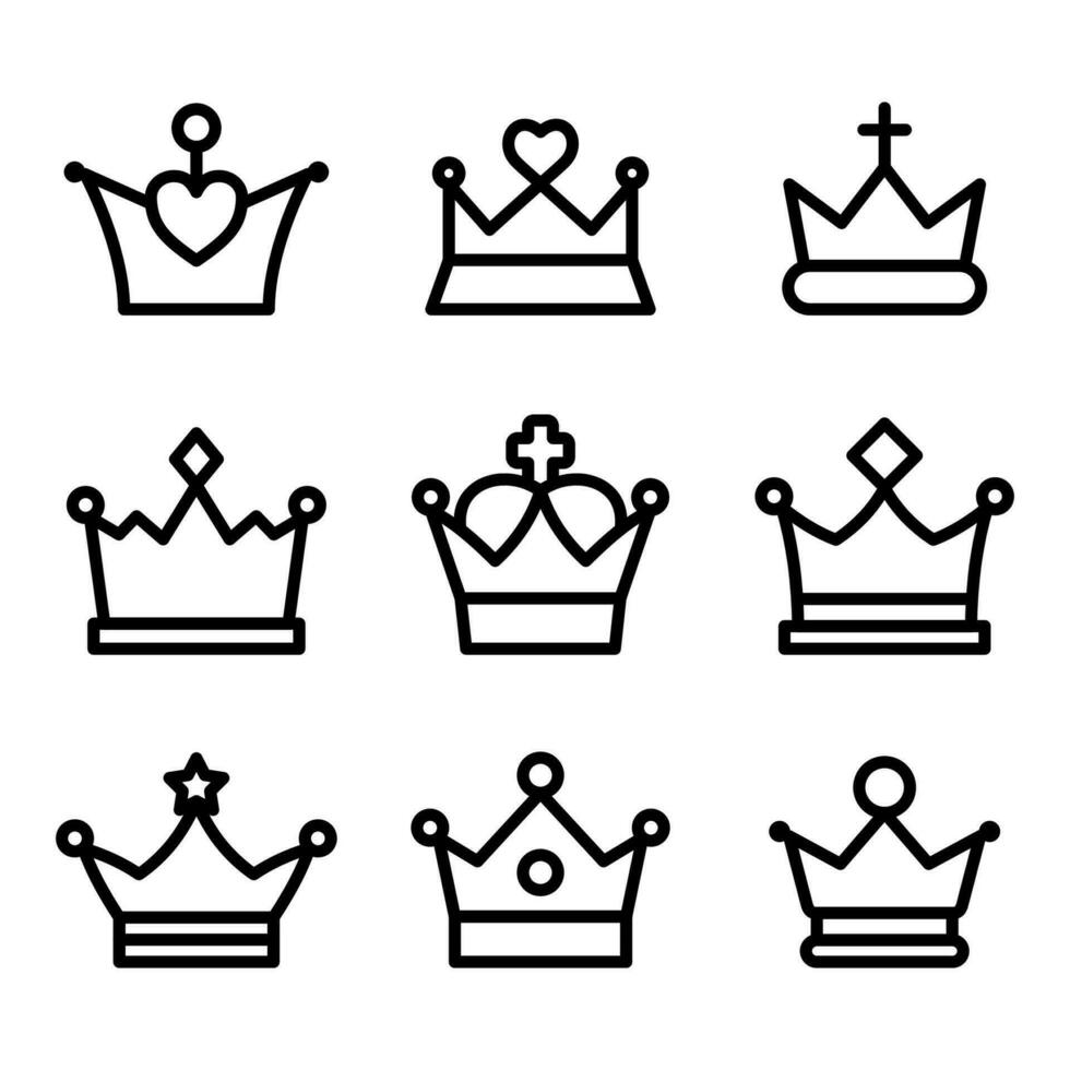 reeks van kroon pictogrammen in modern dun lijn stijl. verzameling jas van armen en Koninklijk symbolen. vector illustratie