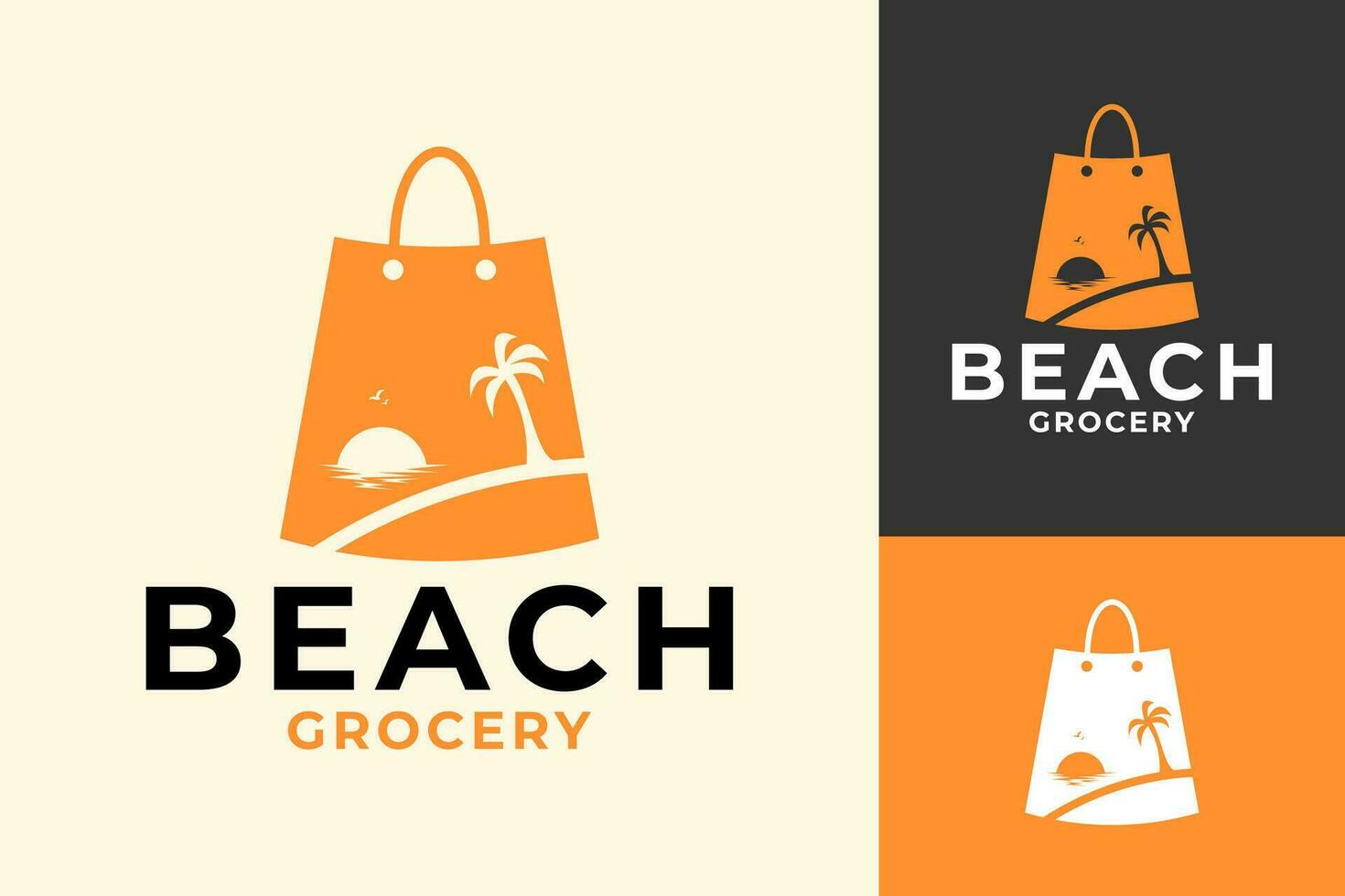 zonsondergang strand kruidenier boodschappen doen zak logo ontwerp vector