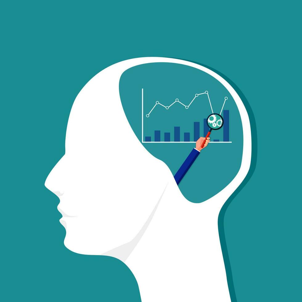 een vergroten glas diagram in de menselijk hoofd. analist denken vector