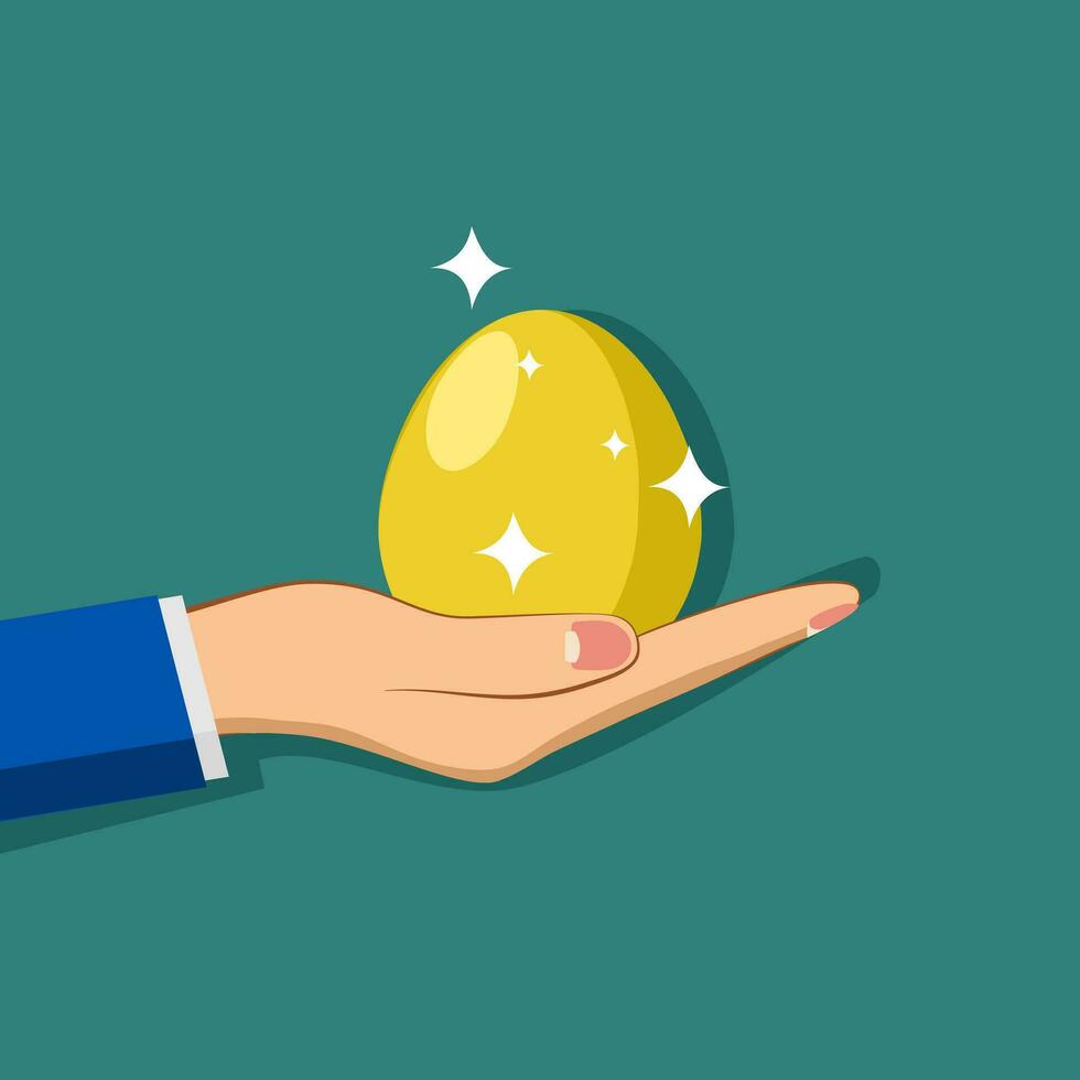hand- van zakenman Holding glimmend goud ei. rijkdom concept. vector illustratie