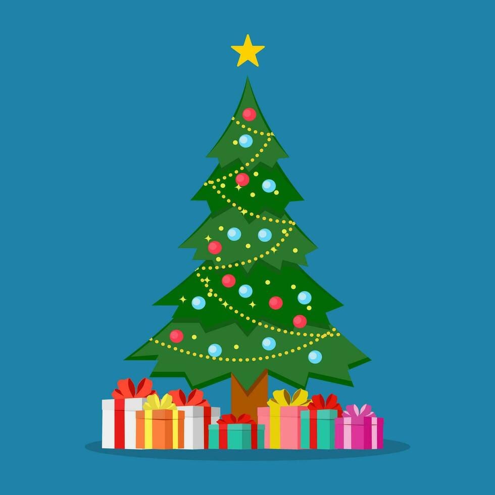 Kerstmis boom. versierd Kerstmis boom met geschenk doos decoratie ballen. vrolijk Kerstmis vector