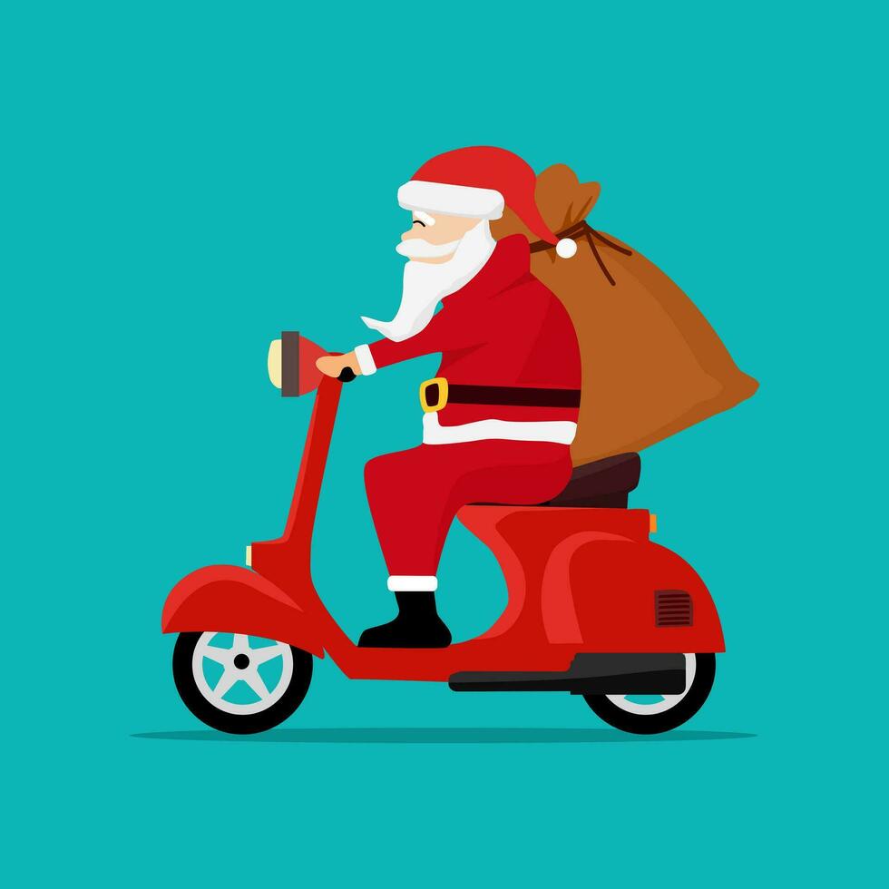 de kerstman claus met een geschenk zak rijden een scooter. Kerstmis vakantie ontwerp. vector