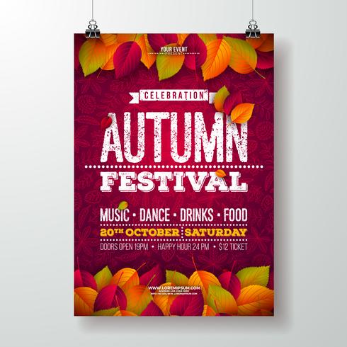 Autumn Party Flyer Illustration met vallende bladeren en typografie ontwerp op doodle patroon achtergrond. Vector herfst herfst Festival ontwerp voor uitnodiging of vakantie viering Poster.