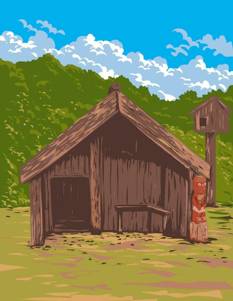 Maori hut in de leven Maori dorp whakarewarewa nieuw Zeeland wpa poster kunst vector