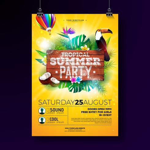 Vector zomer Beach Party Flyer Design met typografische elementen op houtstructuur achtergrond. Tropische planten, bloemen, toekanvogel, kokosnoot en luchtballon