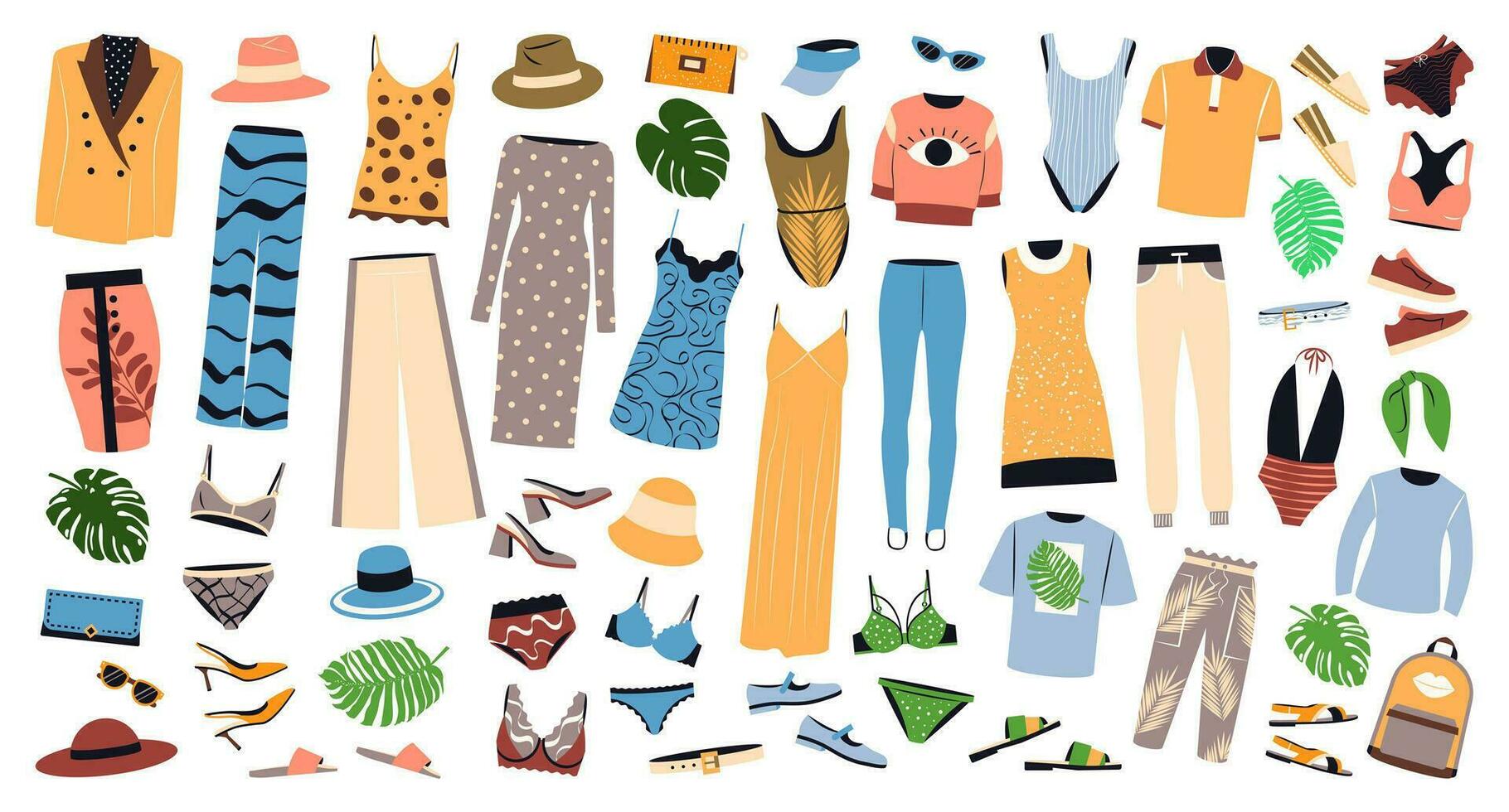 groot reeks van mode kleding en accessoires voor zomer. vrouw kleding, jurken, broek, schoenen, lingerie, hoeden, Tassen, badmode in gewoontjes stijl. vlak vector illustraties geïsoleerd Aan wit achtergrond.