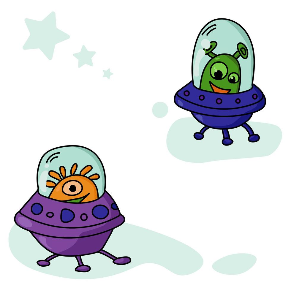 grappige cartoon aliens in ruimteschepen, ufo-personages voor een ansichtkaart of poster vector