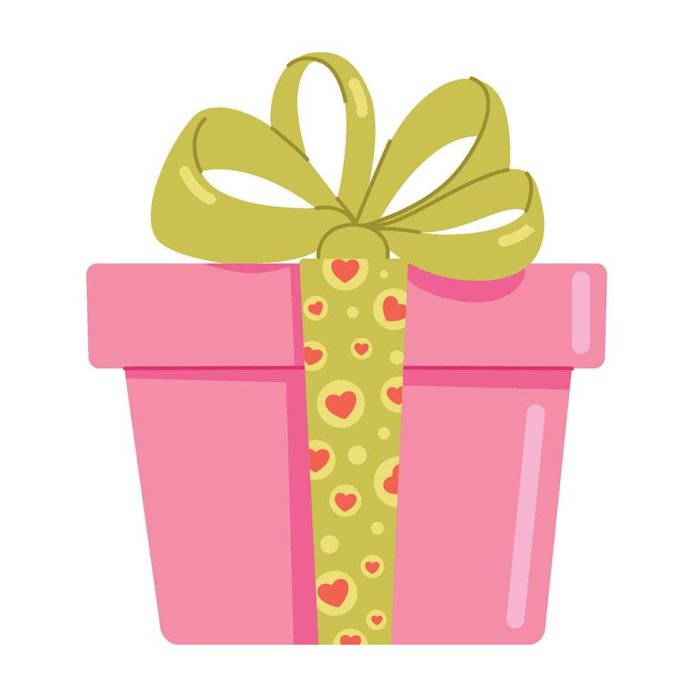 Valentijnsdag dag geschenk doos. roze geschenk doos met een groen boog. vlak stijl illustratie voor spandoeken, groet kaarten, en verpakking ontwerp. vector illustratie.