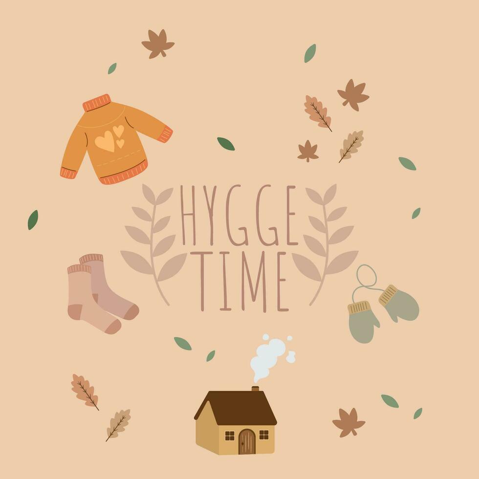 hygge tijd concept tempalte met seizoensgebonden kleren en gebouw icoon vector illustratie