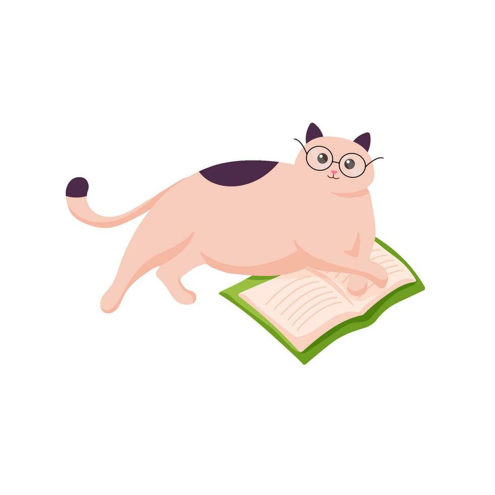 kat in bril aan het liegen met Open boek. illustratie van kat lezing boek. knus concept. studie en kom tot rust Bij huis. vector