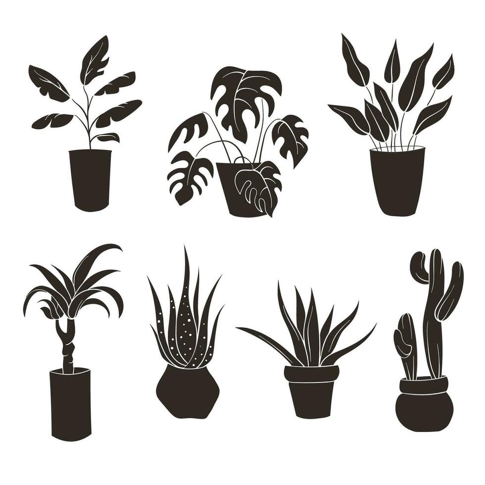 huis fabriek vlak set. silhouetten verzameling van decor huis binnen, tuin planten. zwart en wit huis planten in bloem pot schets tekening .vector illustratie van huis planten. vector