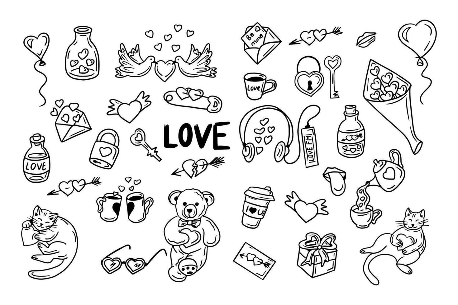 valentijnsdag dag hand- getrokken tekening reeks met verwant artikelen. harten, kaarten, liefde toverdrank, kopjes, katten en duif. liefde contour concept tekening. perfect voor tatoeëren, sticker, decoratie, afdrukken. vector