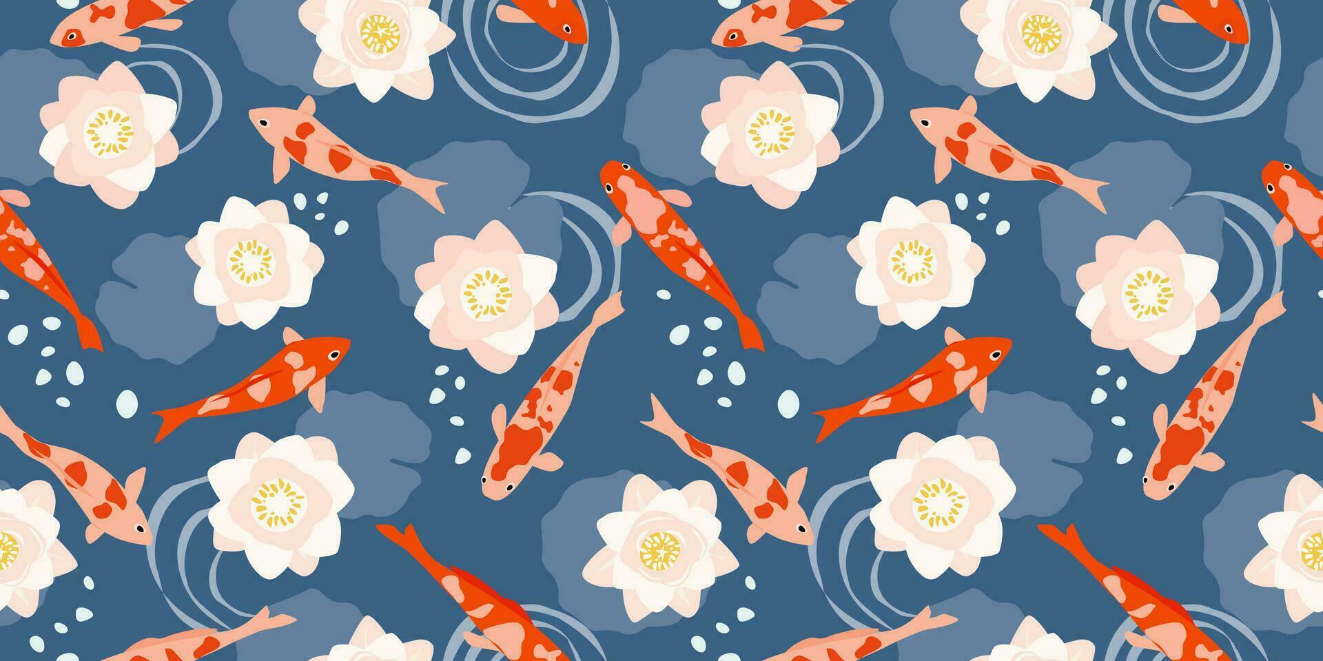 naadloos patroon met koi karper en lotus bloemen, lelie in water. abstract veelkleurig natuurlijk afdrukken met vis. vector grafiek.