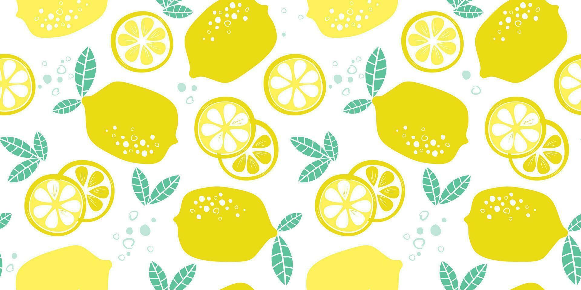 naadloos patroon met citroenen, geheel, plakjes. fruit citrus afdrukken voor textiel, keuken, verpakking. vector grafiek.