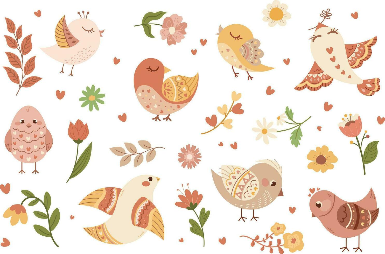 groot reeks van elementen voor de lente. vlak tekenfilm vogelstand met folklore patroon, hand- getrokken bloemen en takken. vector illustratie Aan transparant achtergrond