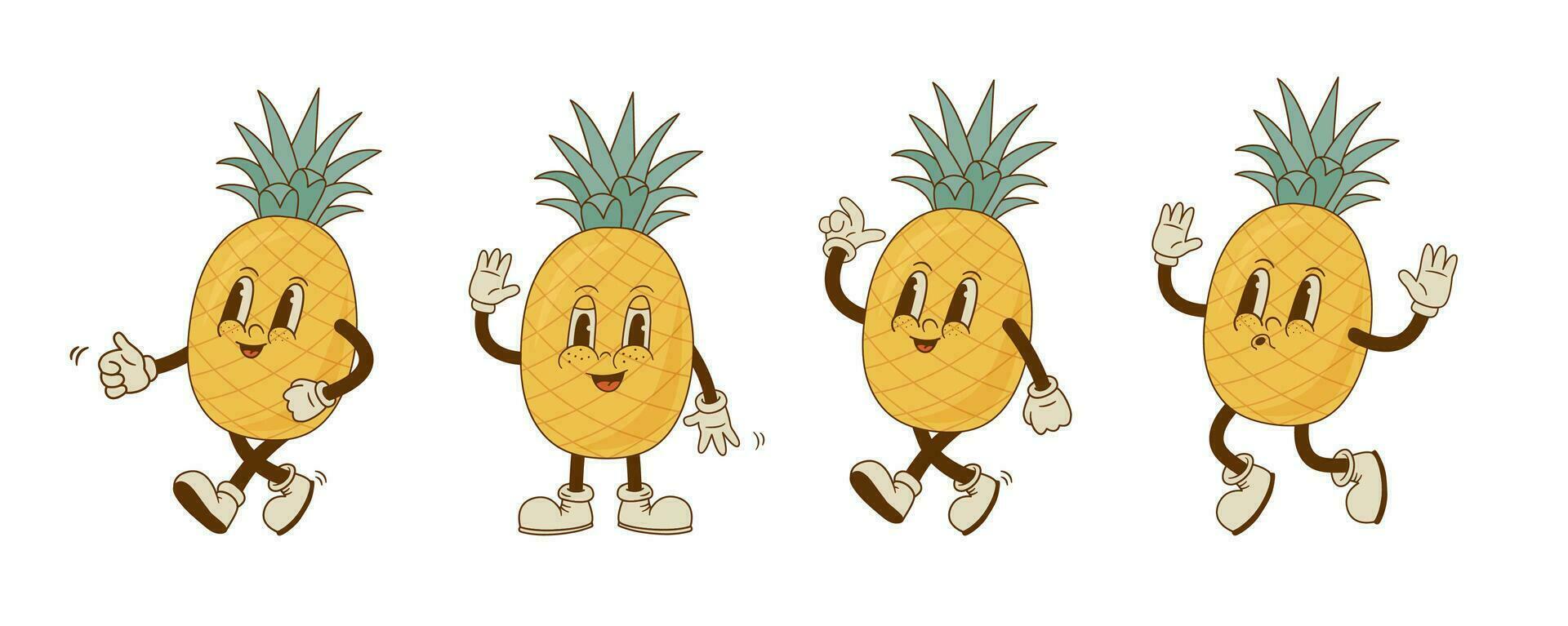 reeks van retro tekenfilm ananas tekens in verschillend poses en emotie. wijnoogst glimlachen fruit mascotte. vector illustratie.