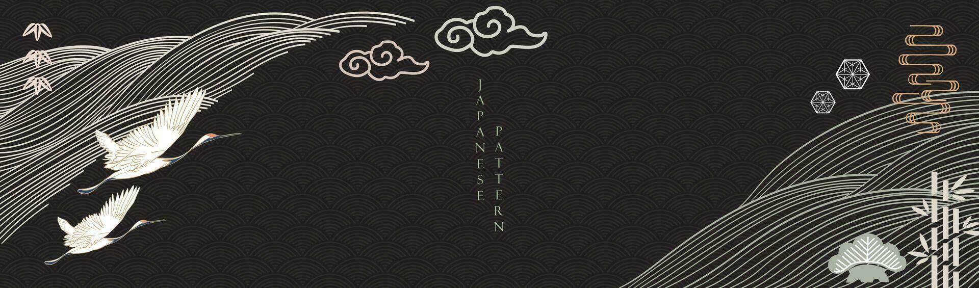 Japans achtergrond met hand- getrokken lijn Golf in wijnoogst stijl. kunst zwart landschap banier ontwerp met kraan vogelstand kaart ontwerp decoratie. icoon en symbool element in Azië stijl. vector