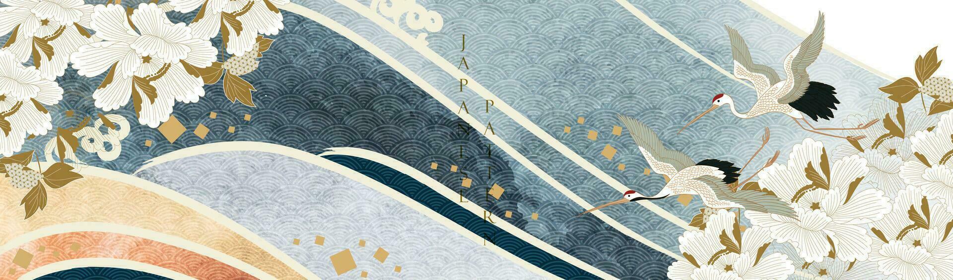 kraan vogelstand vector. Japans achtergrond met waterverf structuur schilderij textuur. oosters natuurlijk Golf patroon met oceaan zee decoratie banier ontwerp in wijnoogst stijl. pioen bloemen patroon. vector