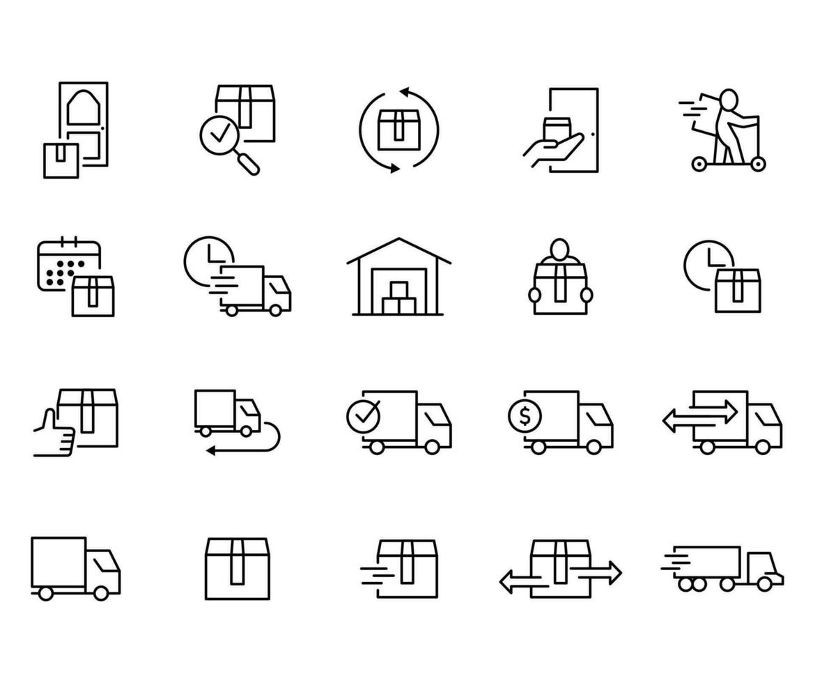 vector lijn icoon reeks vrachtauto levering. Verzending onderhoud en bedrijf schets logistiek vervoer verzameling. dun pakket lading handelswaar en snel Verzending bestellen. uitdrukken koerier voertuig