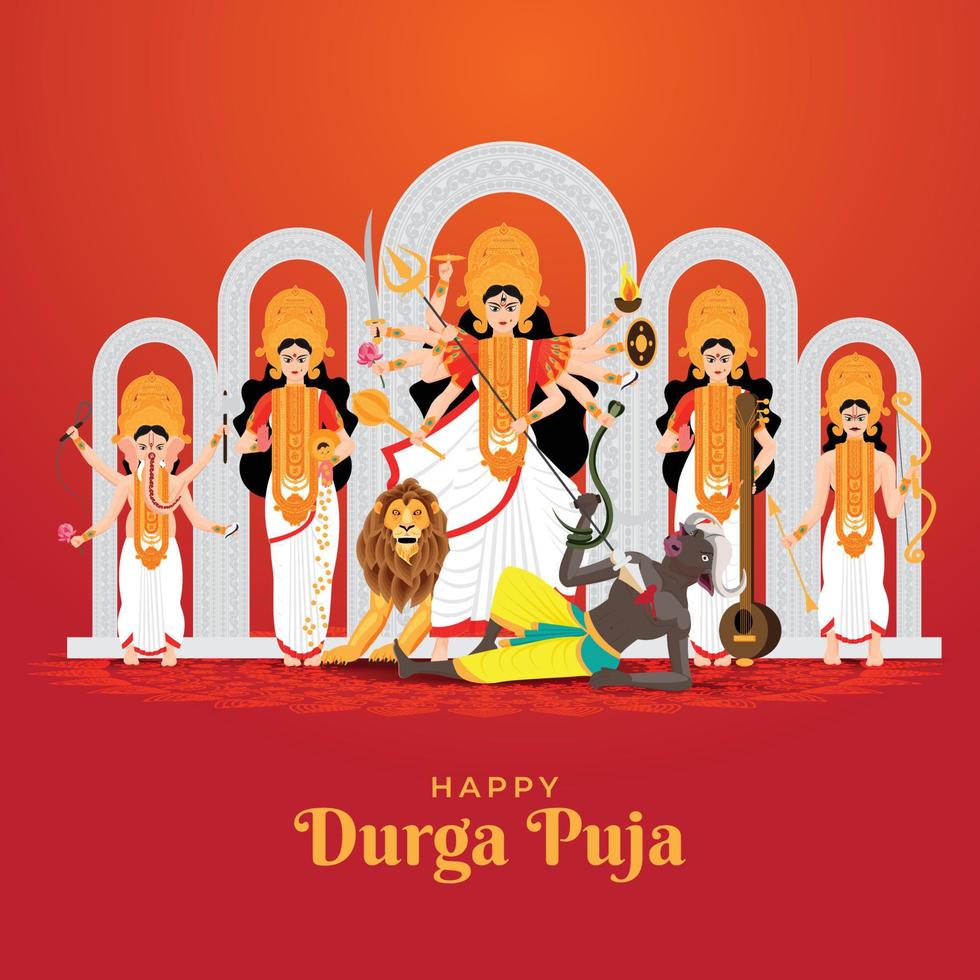 mooie illustratie van godin durga met familie waaronder lord ganesha, lakshmi, saraswati en kartike in happy durga puja subh navratri vector