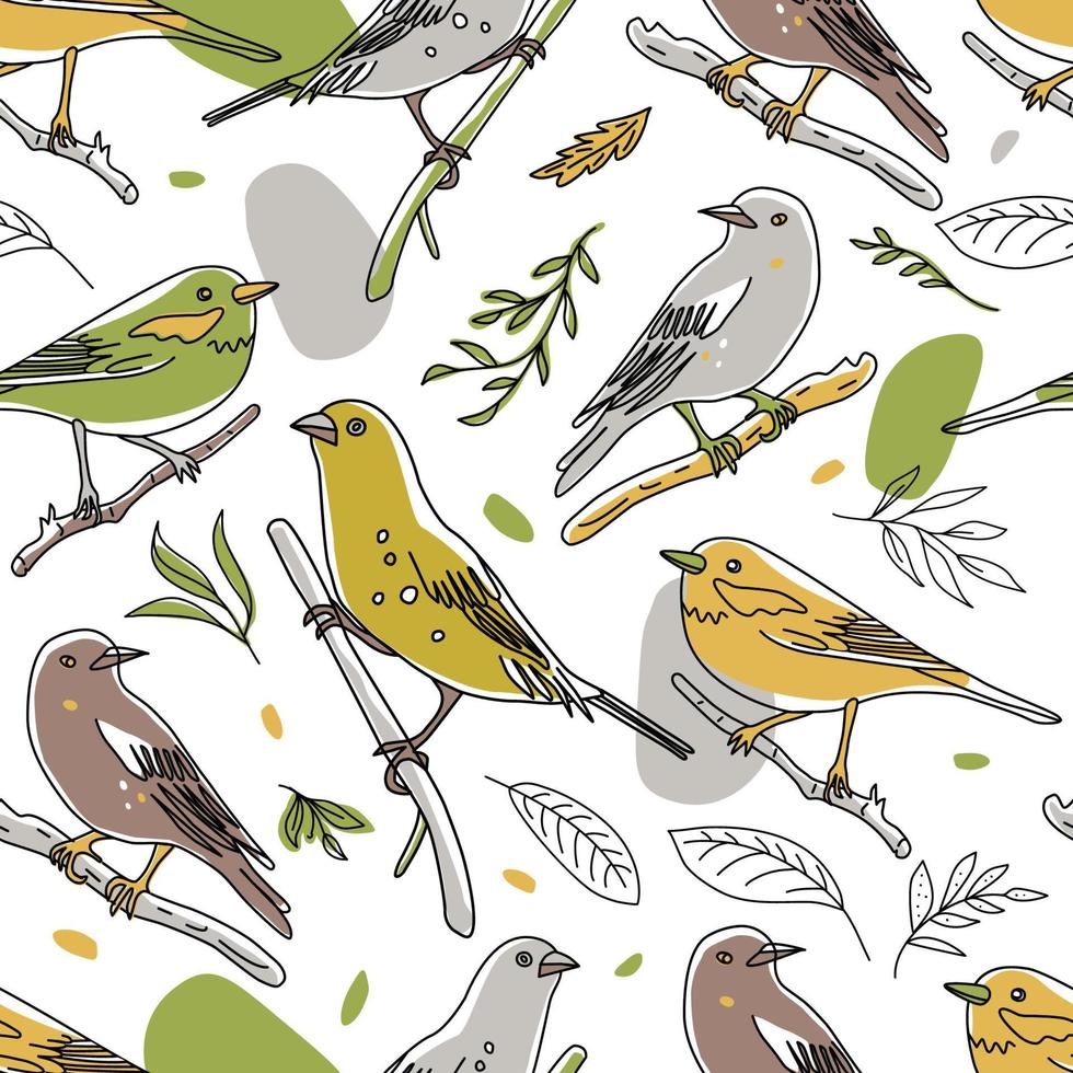 vogel illustratie naadloze patroon. verzameling schattige handgetekende vogelkrabbels. lijnstijl in minimalisme op witte vectorafbeelding vector