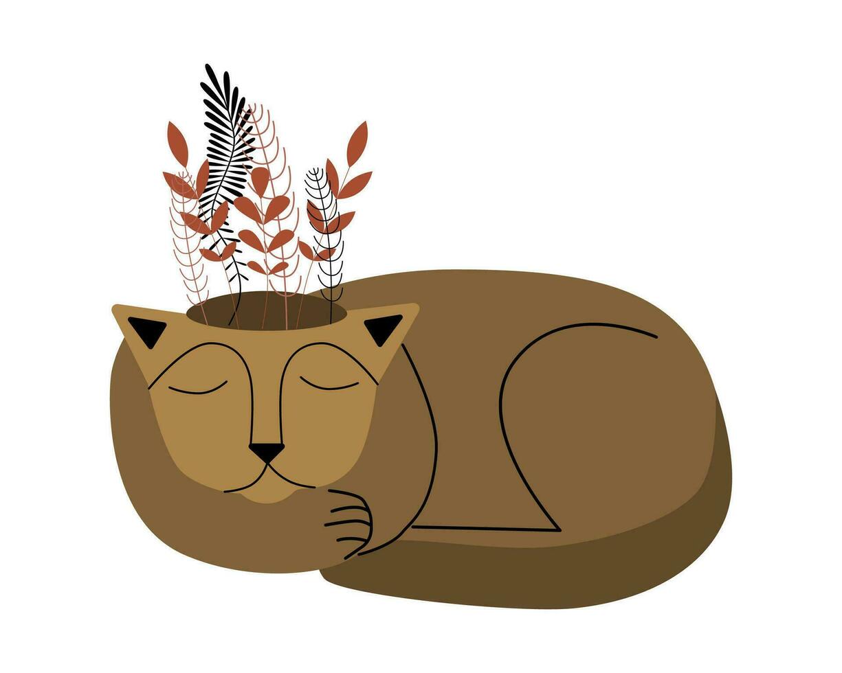 modern vector illustratie. mystiek kat en planten geïsoleerd Aan wit achtergrond